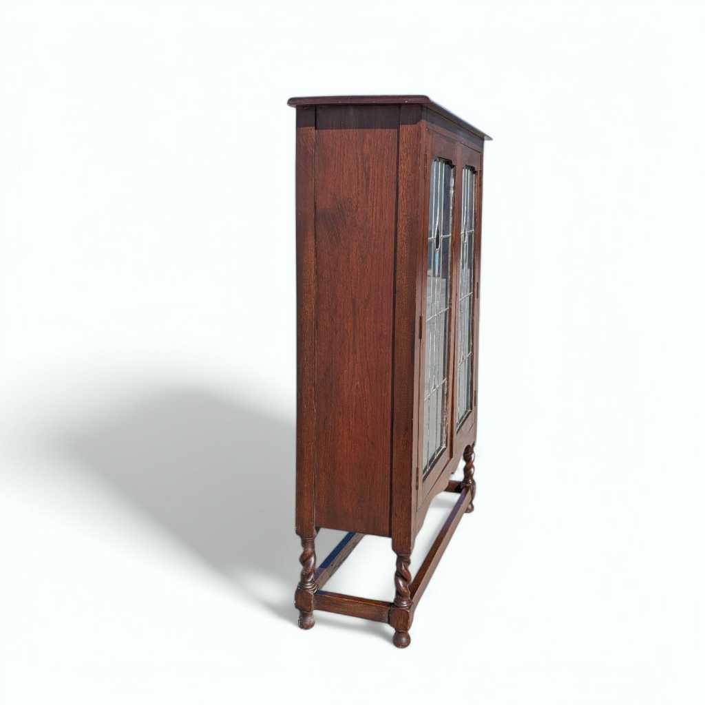 Antique Oak Cabinet with Stained Glass Doors – Leaded Glass Hutch with Shelving & Barley Twist Legs