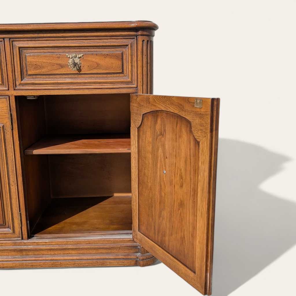 Henredon 1970s Credenza – Traditional Walnut Sideboard with Brass Pulls & Adjustable Shelving, 66” Vintage Cabinet