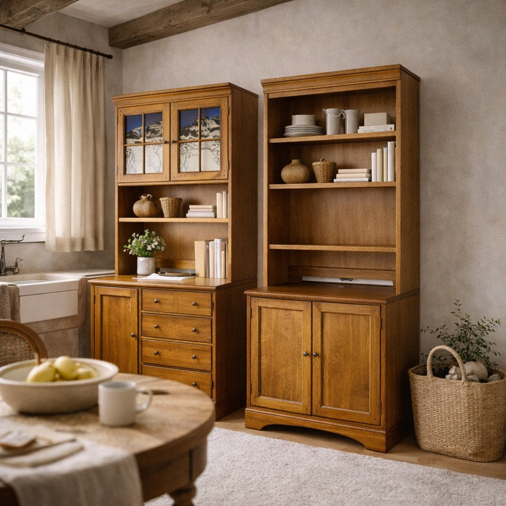Cottage-Style Oak Hutch Cabinets, Pair