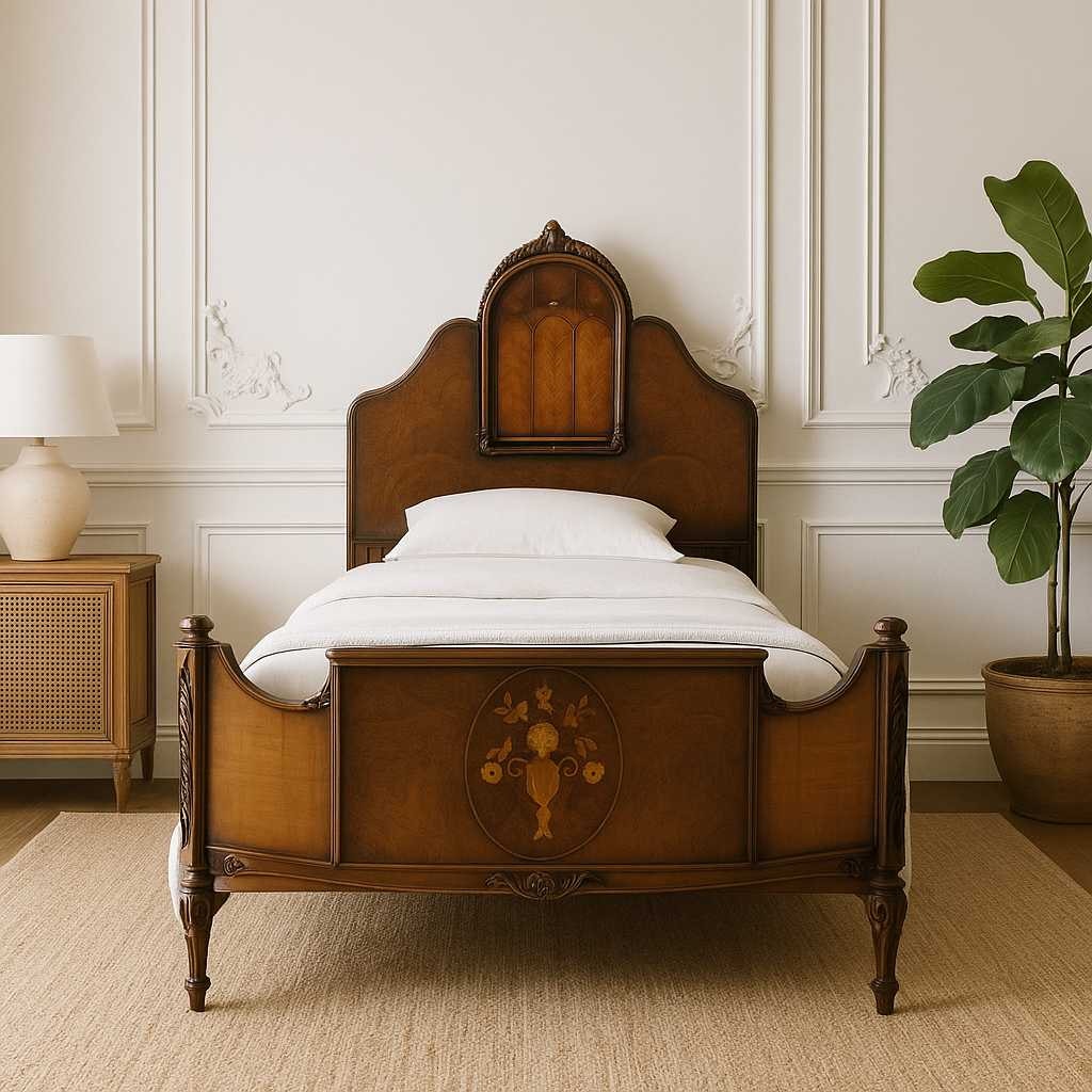 Antique Twin Bed Frame with Inlay | French Style Carved Wood Bed | Twin Size Vintage Bed | Ornate Floral Detail | 1920s Bedroom Decor