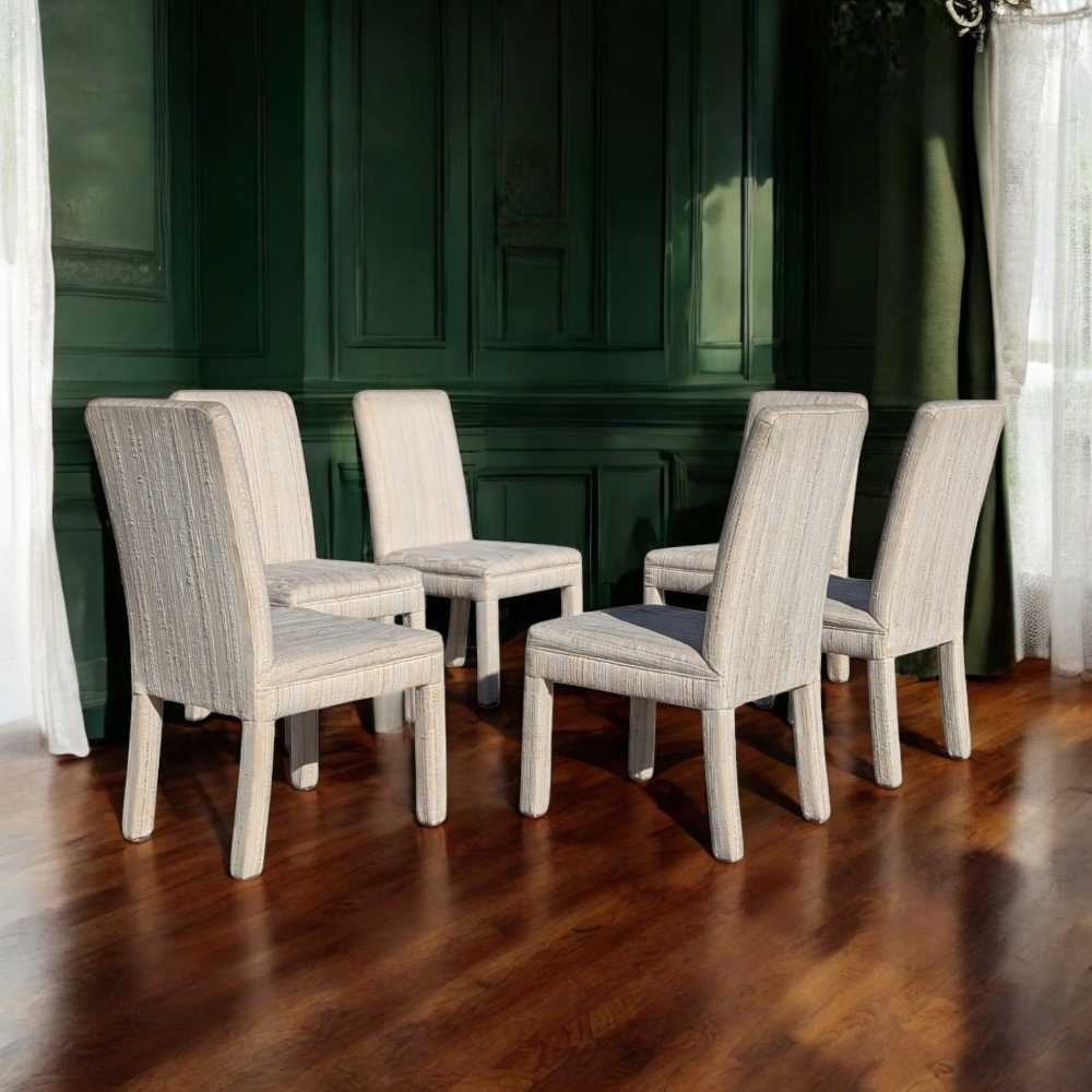 Set of 6 Postmodern 1980s Dining Chairs – Cream Textured Fabric w/ Subtle Color Flecks, Sculptural Silhouette