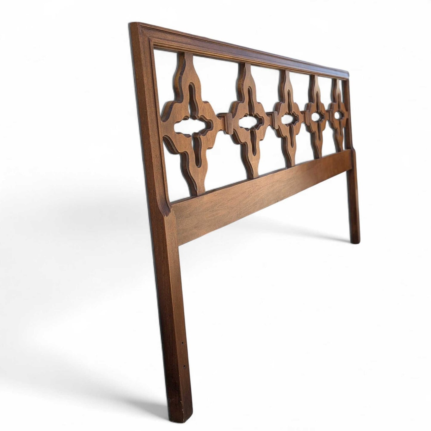 Mid Century Walnut Queen Headboard with Cutout Clover Motif, Vintage Solid Wood Bed