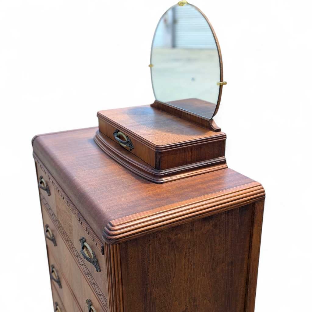 Art Deco Waterfall Chest of Drawers β Vintage 1930s Dresser, Tallboy, Mirror, Solid Wood Storage
