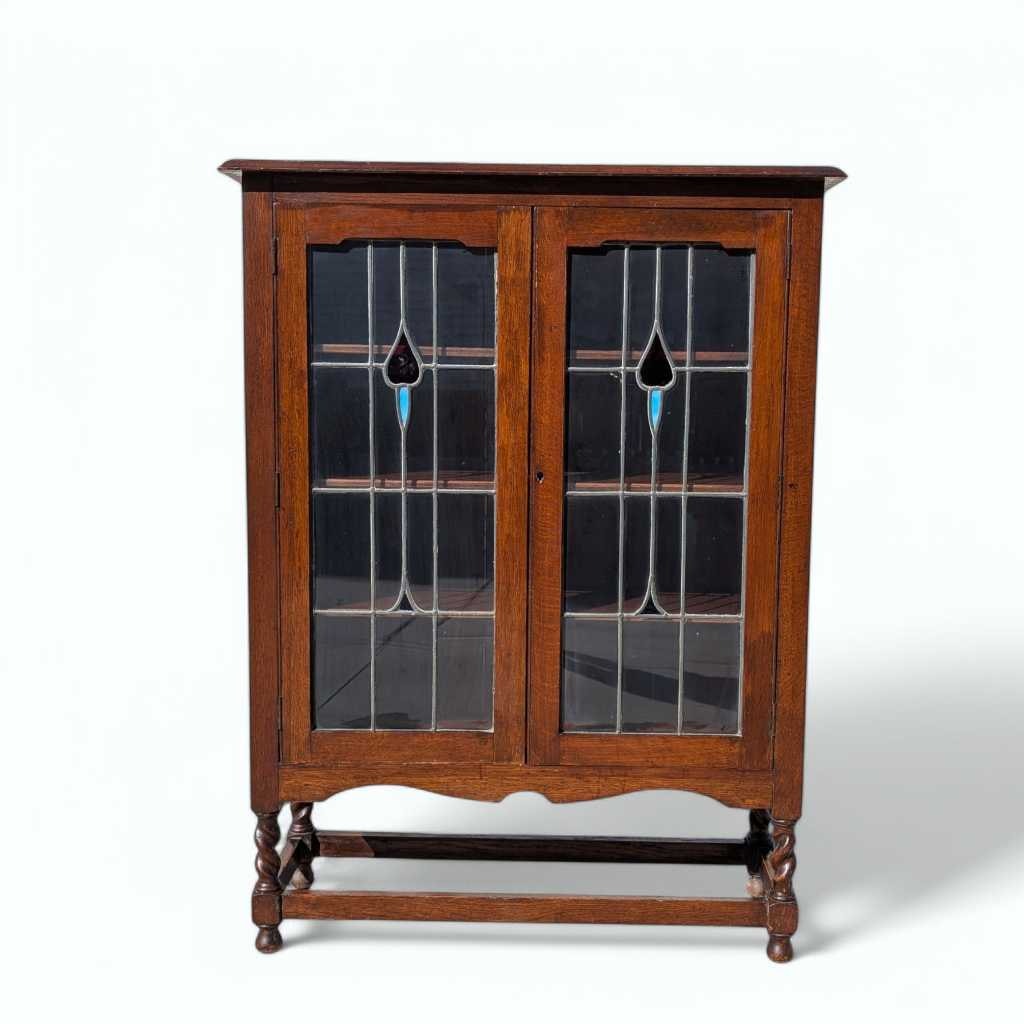 Antique Oak Cabinet with Stained Glass Doors – Leaded Glass Hutch with Shelving & Barley Twist Legs