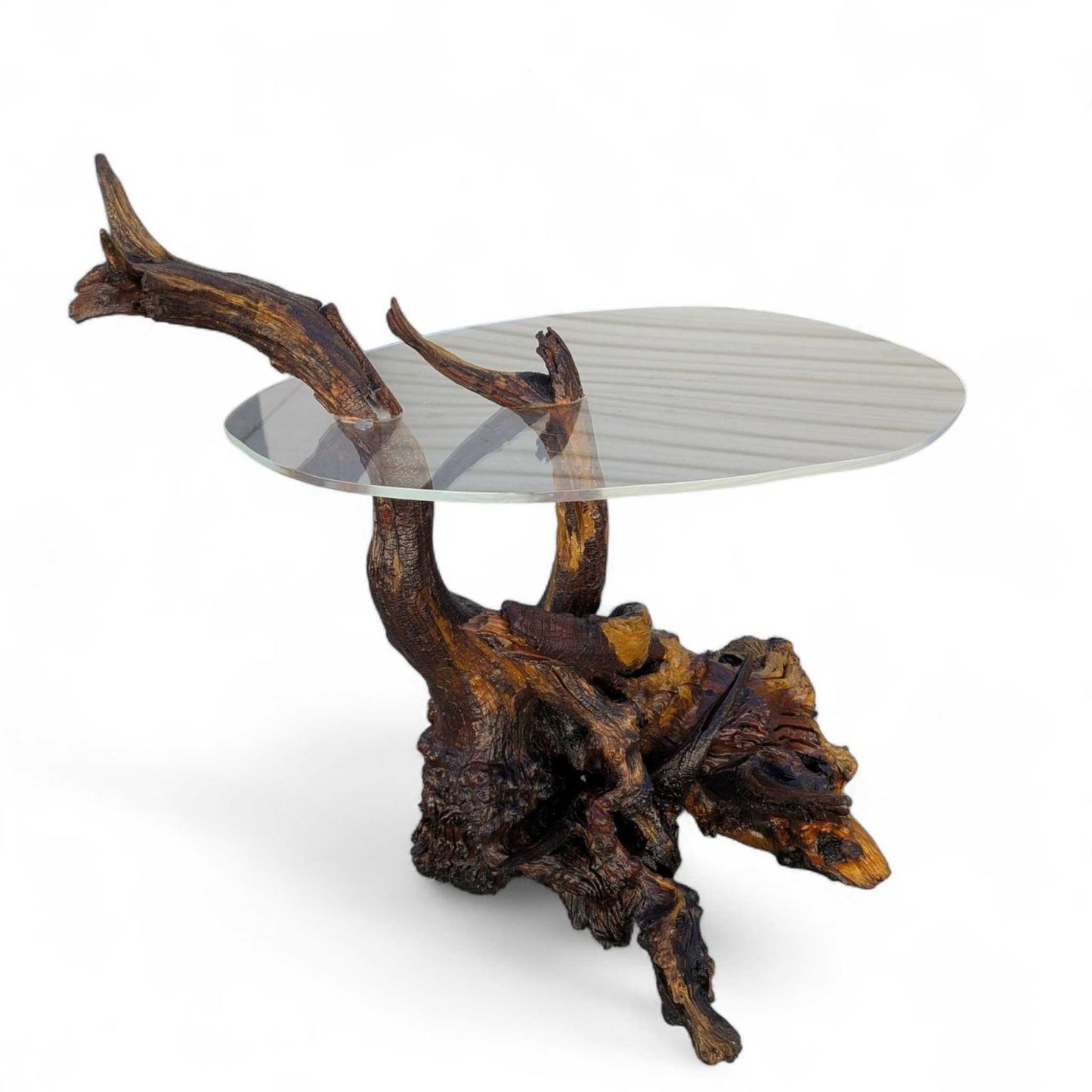 Vintage Driftwood Side Table with Acrylic Top