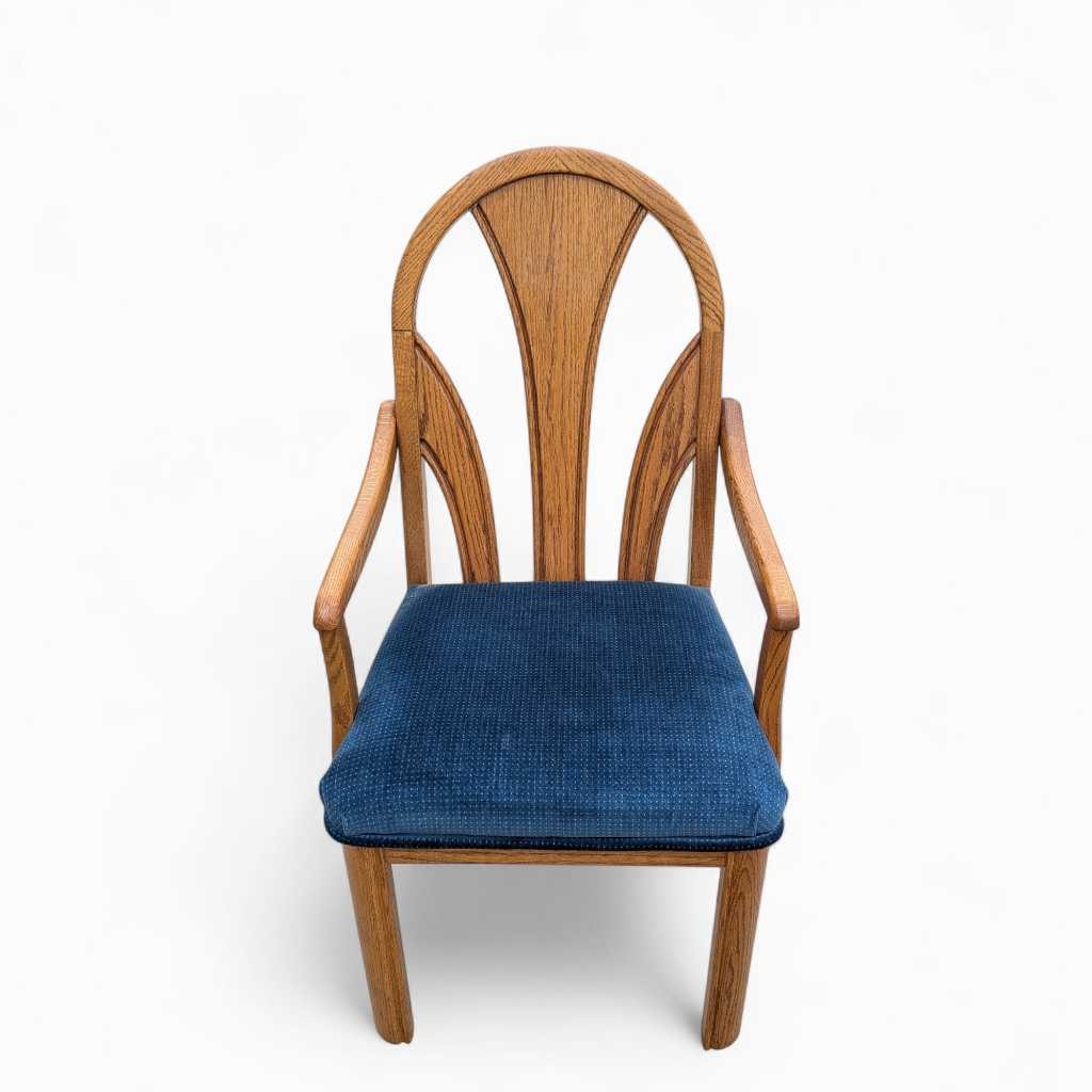Set of 6 Postmodern Dining Chairs β Oak Frame, Blue Velvet Polka Dot Seats, 1980s