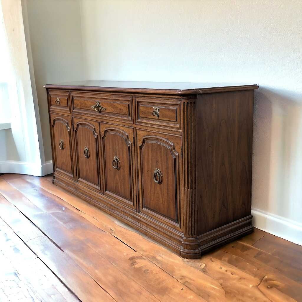 Henredon 1970s Credenza – Traditional Walnut Sideboard with Brass Pulls & Adjustable Shelving, 66” Vintage Cabinet
