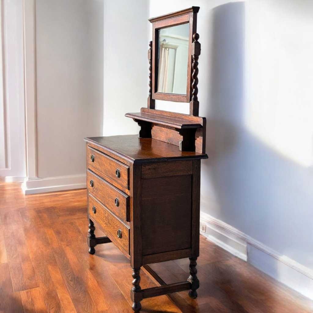 Antique Tiger Oak Dresser with Mirror – Barley Twist Detail, Vintage Vanity with Drawers, Early 1900s