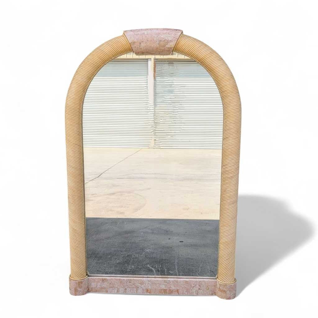 Vintage Arch Mirror, Karl Springer Style – Postmodern Tessellated Stone & Rope Detail, 48" Tall, 1980s Vintage Glam Statement