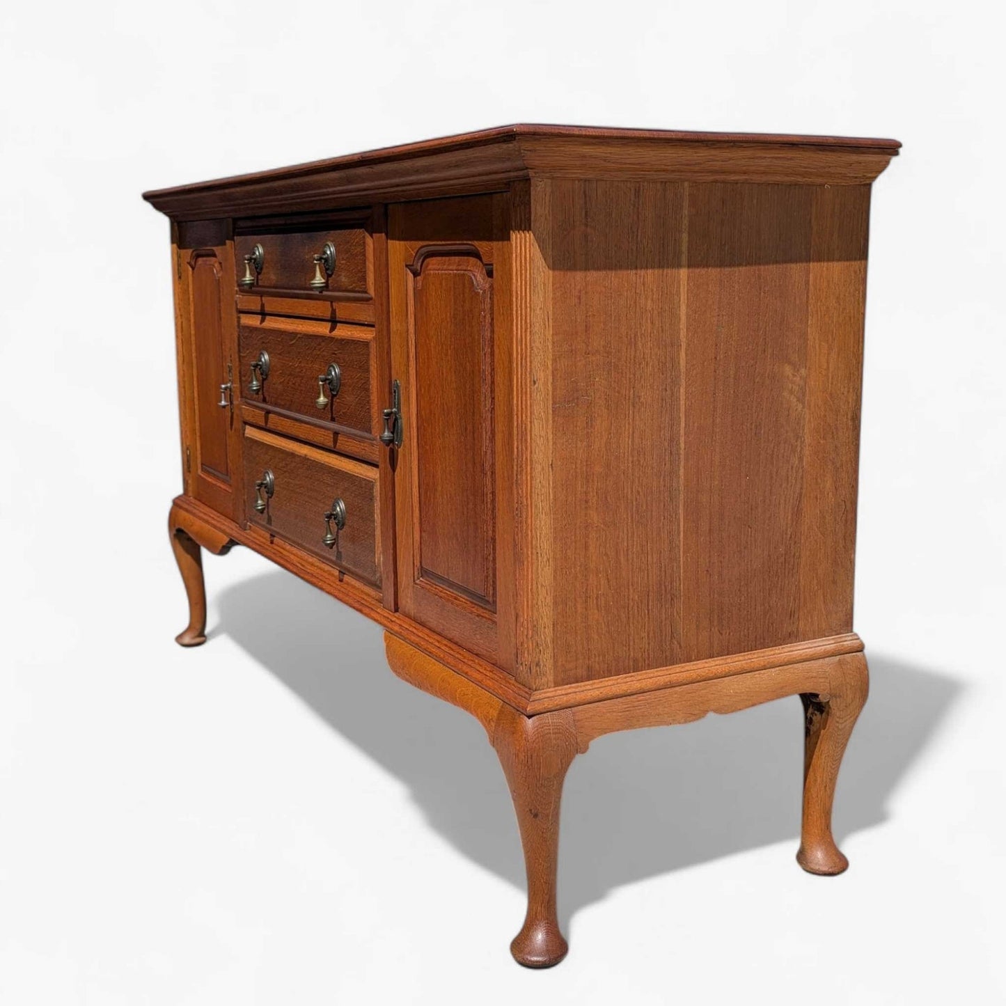 Vintage Oak Sideboard Buffet with Queen Anne Legs, 3 Drawers + Cabinet Storage, Traditional English Style Credenza, 61.75” Wide