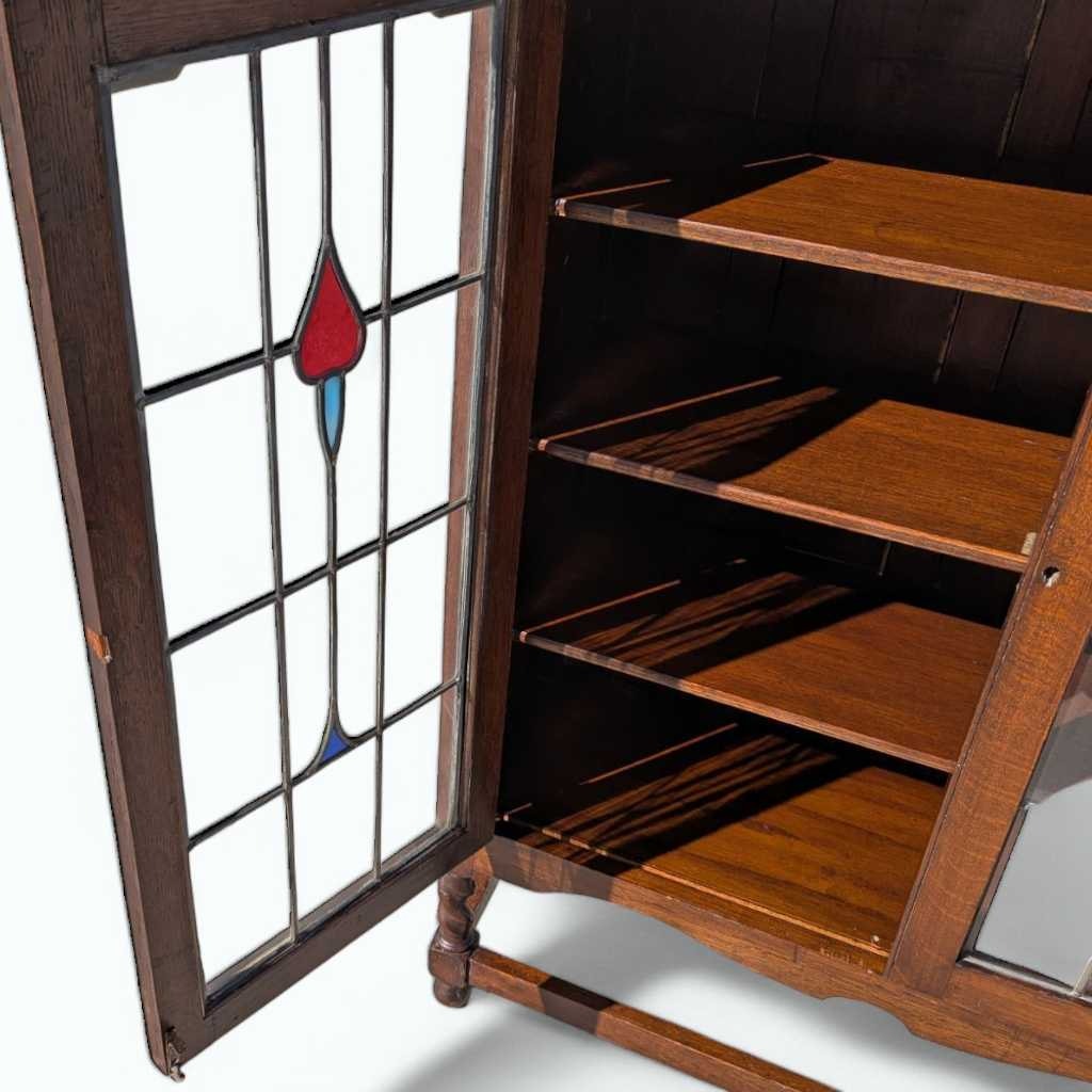 Antique Oak Cabinet with Stained Glass Doors – Leaded Glass Hutch with Shelving & Barley Twist Legs