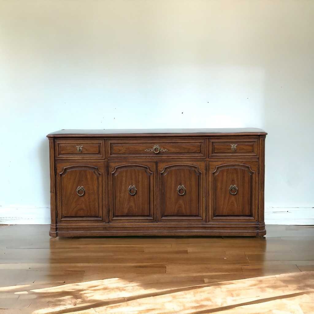 Henredon 1970s Credenza – Traditional Walnut Sideboard with Brass Pulls & Adjustable Shelving, 66” Vintage Cabinet