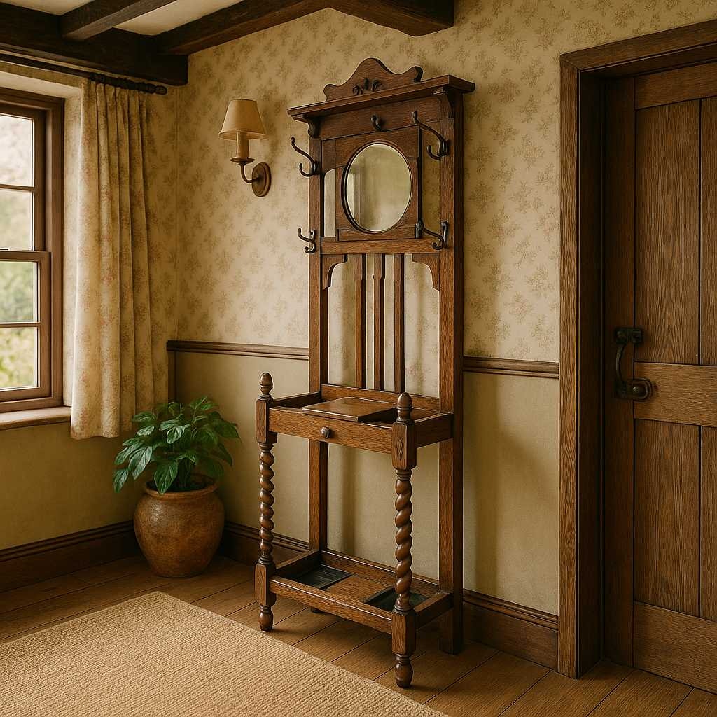 Antique Oak Hall Tree with Mirror, c. 1900s