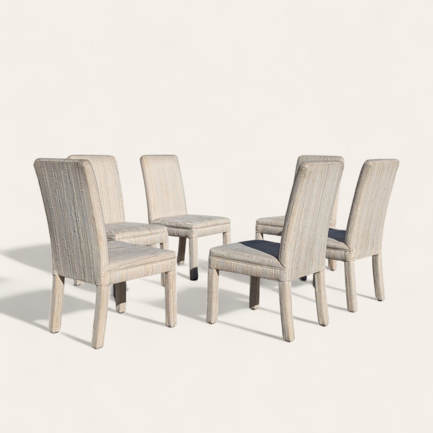 Set of 6 Postmodern 1980s Dining Chairs – Cream Textured Fabric w/ Subtle Color Flecks, Sculptural Silhouette