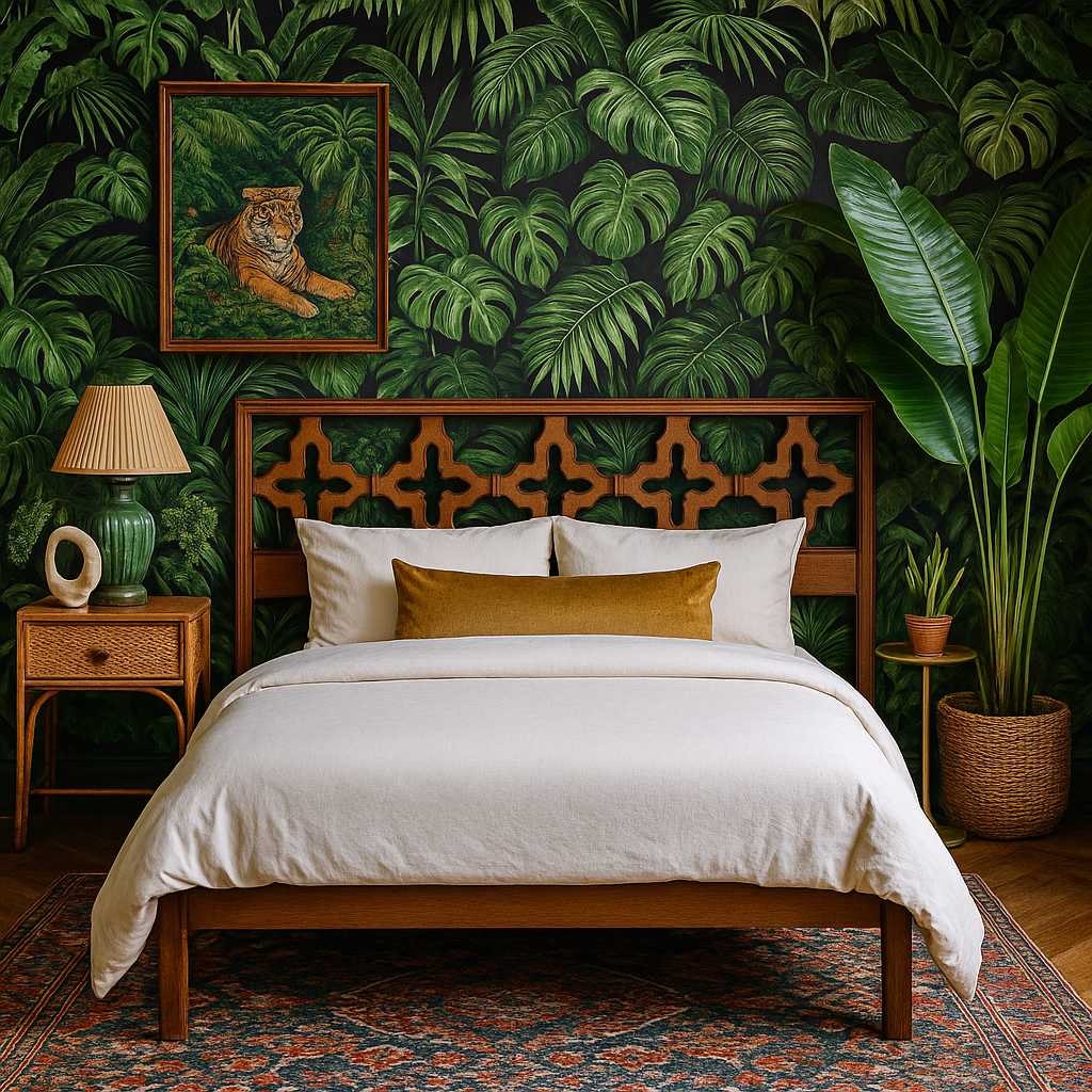 Mid Century Walnut Queen Headboard with Cutout Clover Motif, Vintage Solid Wood Bed