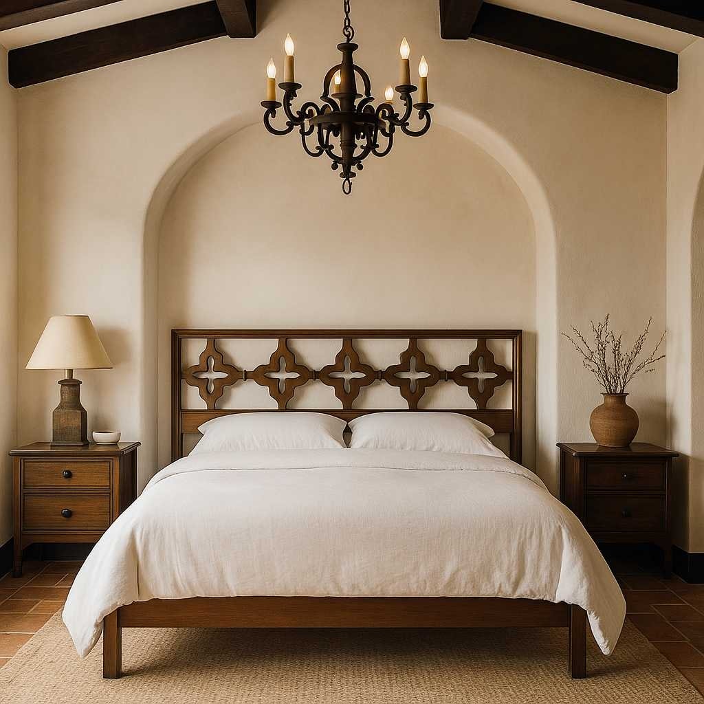 Mid Century Walnut Queen Headboard with Cutout Clover Motif, Vintage Solid Wood Bed