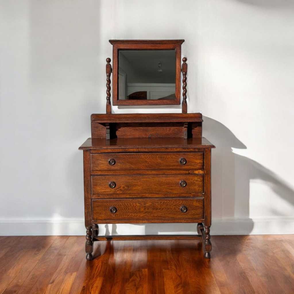 Antique Tiger Oak Dresser with Mirror – Barley Twist Detail, Vintage Vanity with Drawers, Early 1900s