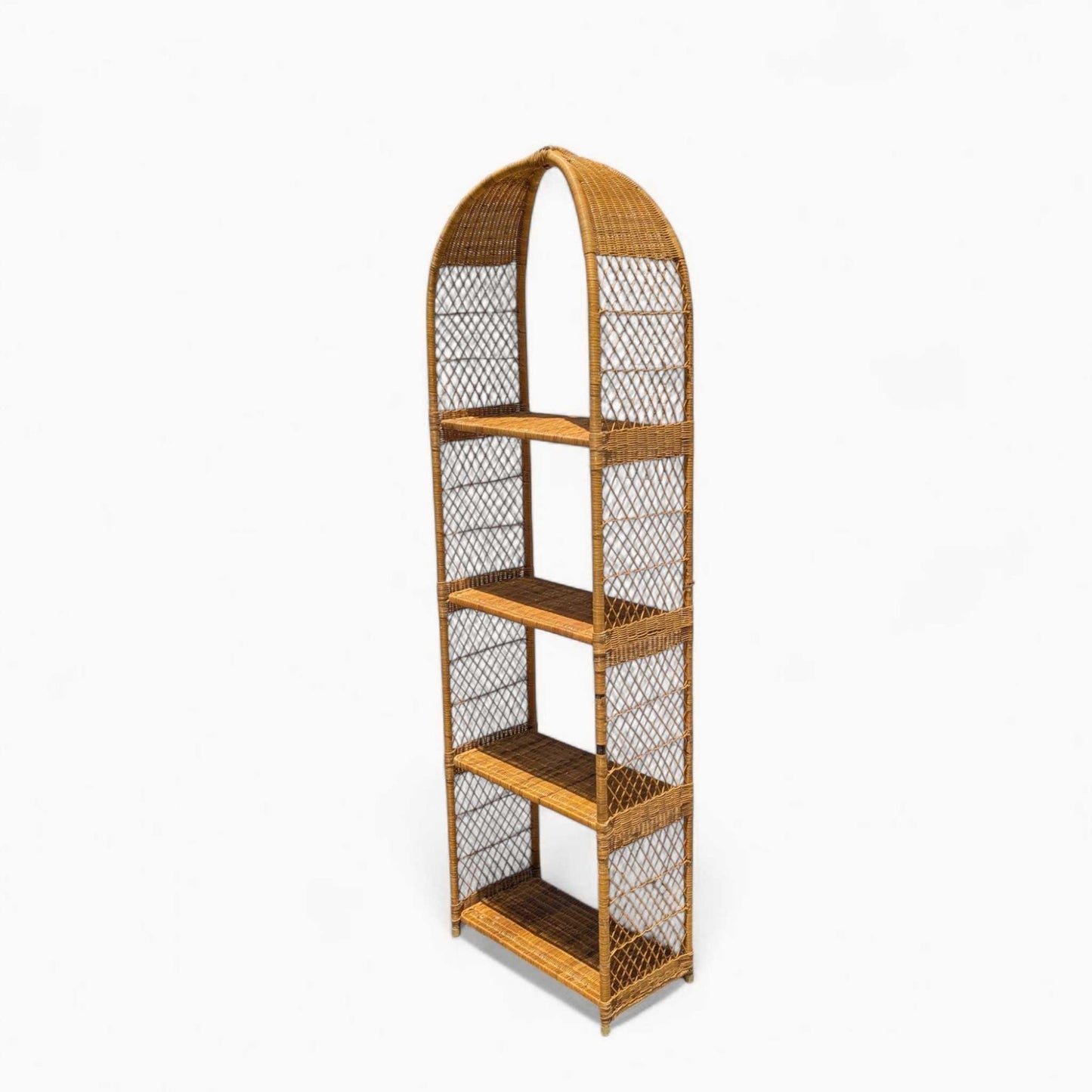 Vintage Arched Rattan Shelf β Tall Boho Etagere