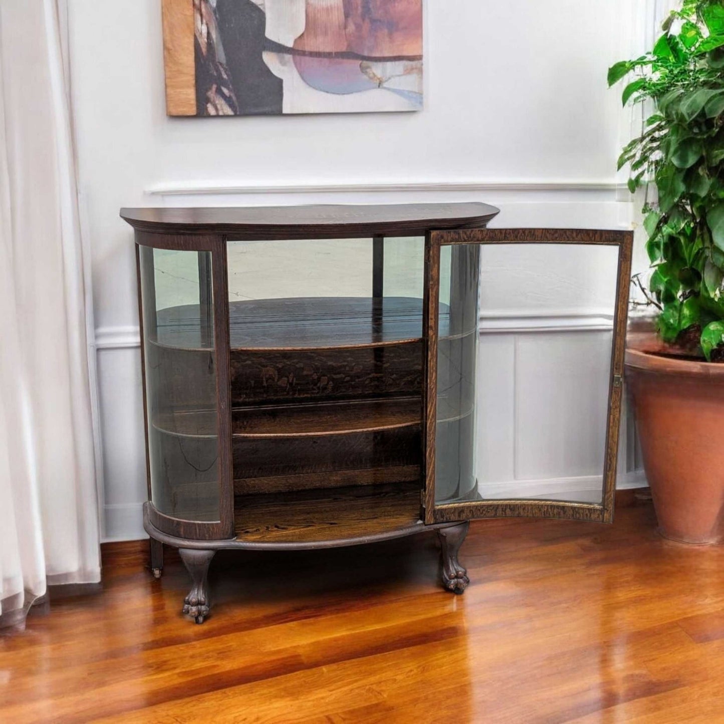 Vintage Curved Glass China Cabinet β Bow Front Display Hutch w/ Claw Feet, 49" Wide, Early 20th Century Style