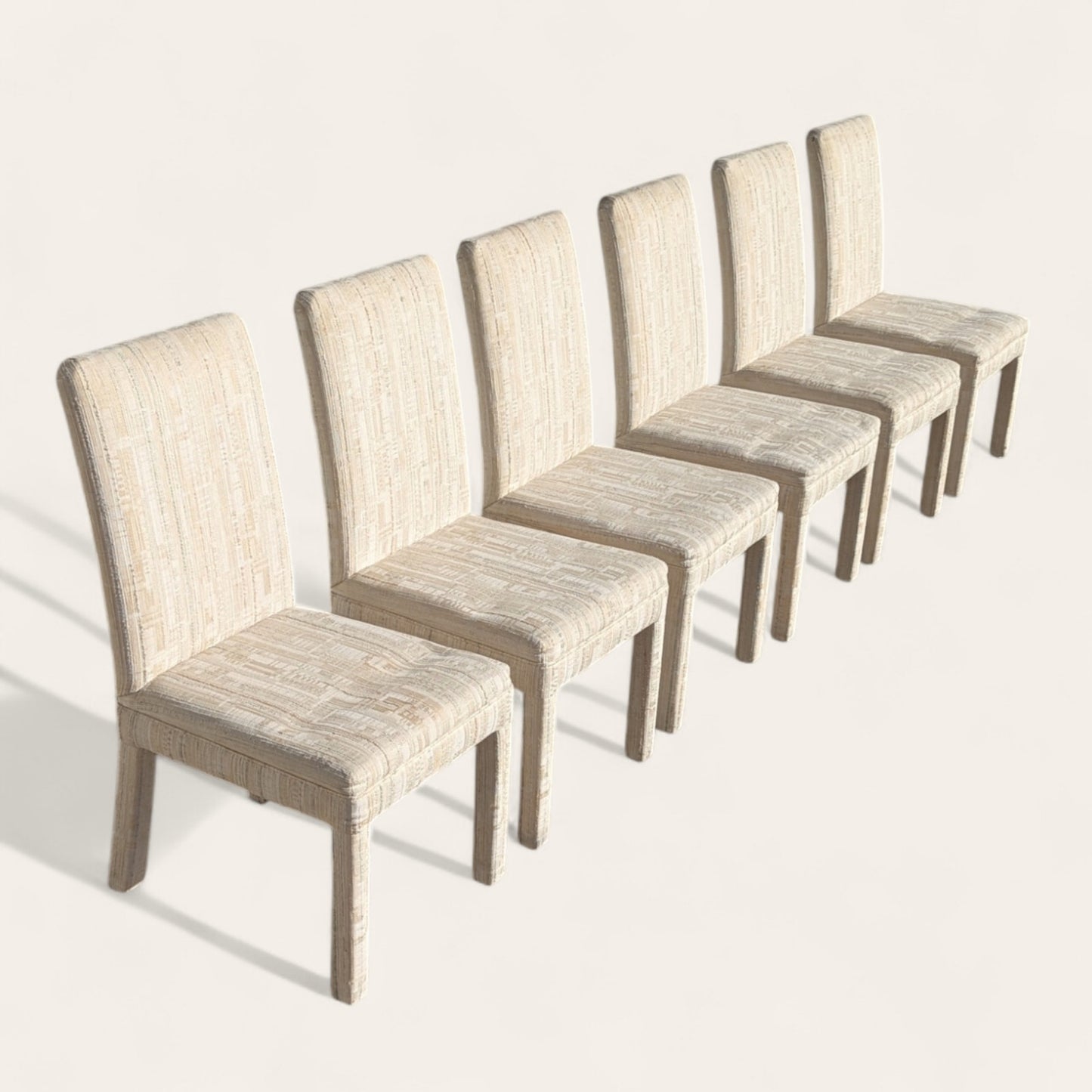 Set of 6 Postmodern 1980s Dining Chairs – Cream Textured Fabric w/ Subtle Color Flecks, Sculptural Silhouette
