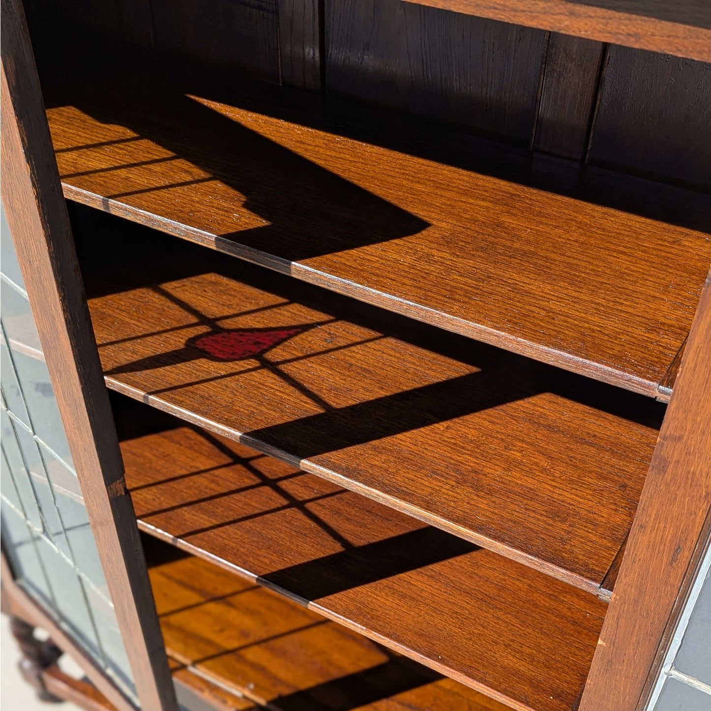 Antique Oak Cabinet with Stained Glass Doors – Leaded Glass Hutch with Shelving & Barley Twist Legs
