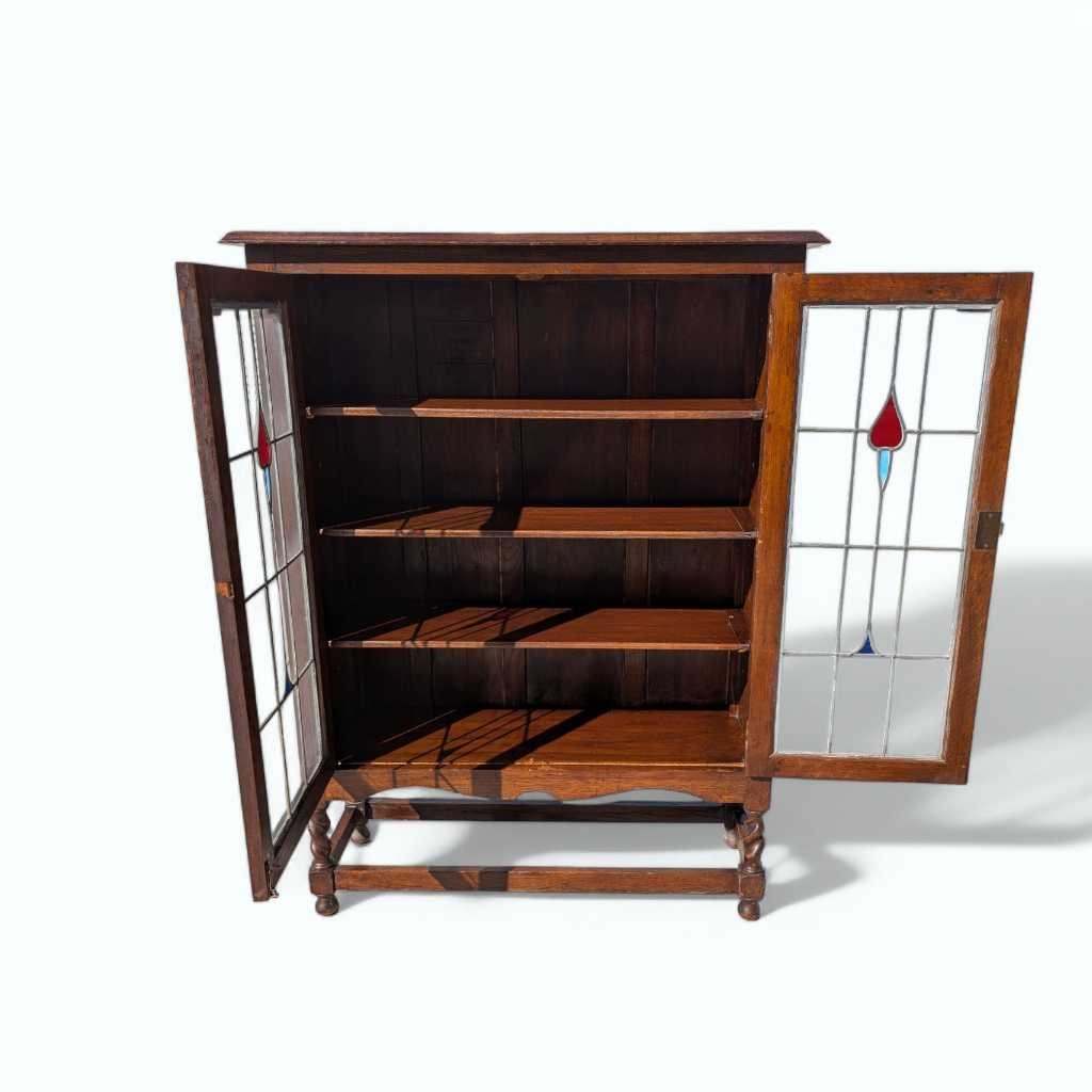 Antique Oak Cabinet with Stained Glass Doors – Leaded Glass Hutch with Shelving & Barley Twist Legs