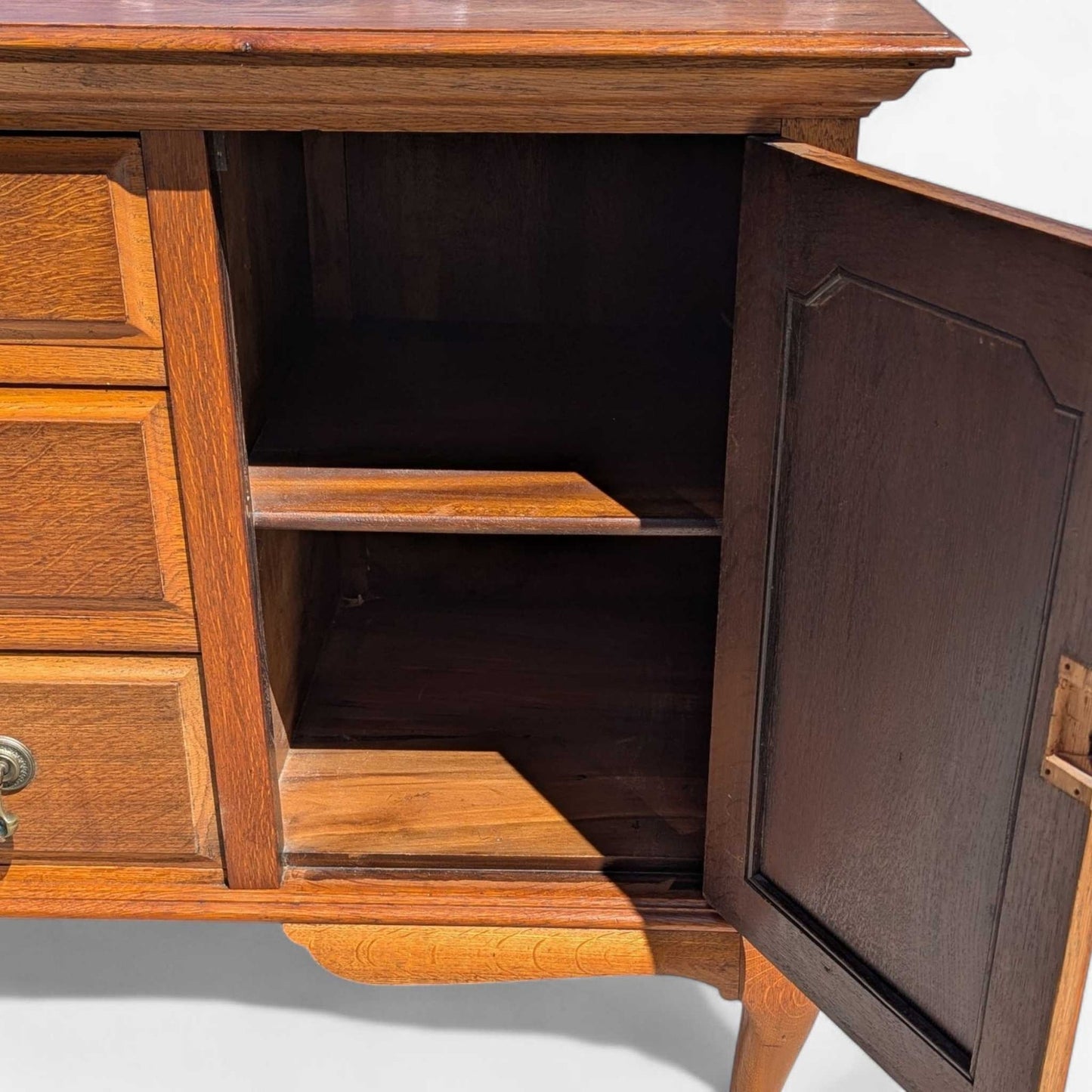 Vintage Oak Sideboard Buffet with Queen Anne Legs, 3 Drawers + Cabinet Storage, Traditional English Style Credenza, 61.75” Wide