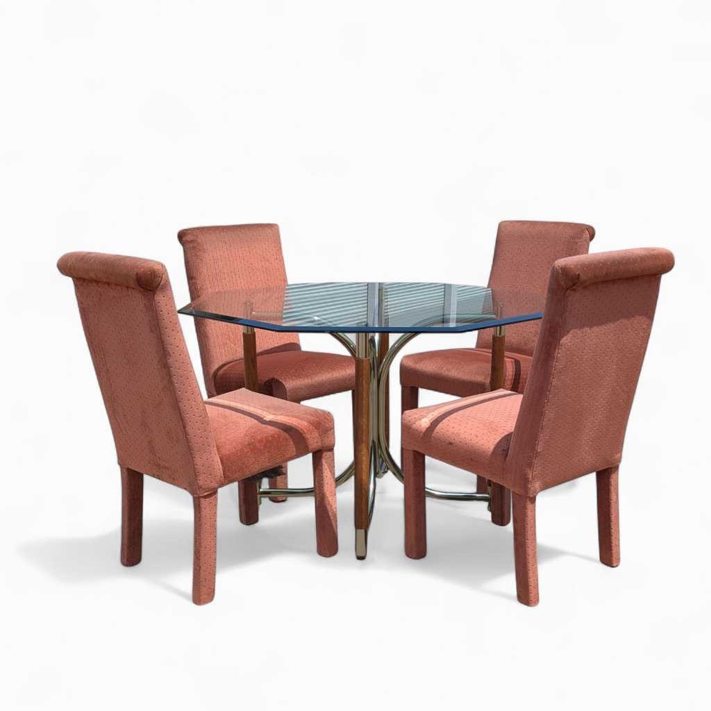 1980s Postmodern Dining Set β Octagonal Glass Table w/ Sculptural Base & 4 Pink Upholstered Chairs, Art Deco Revival Style