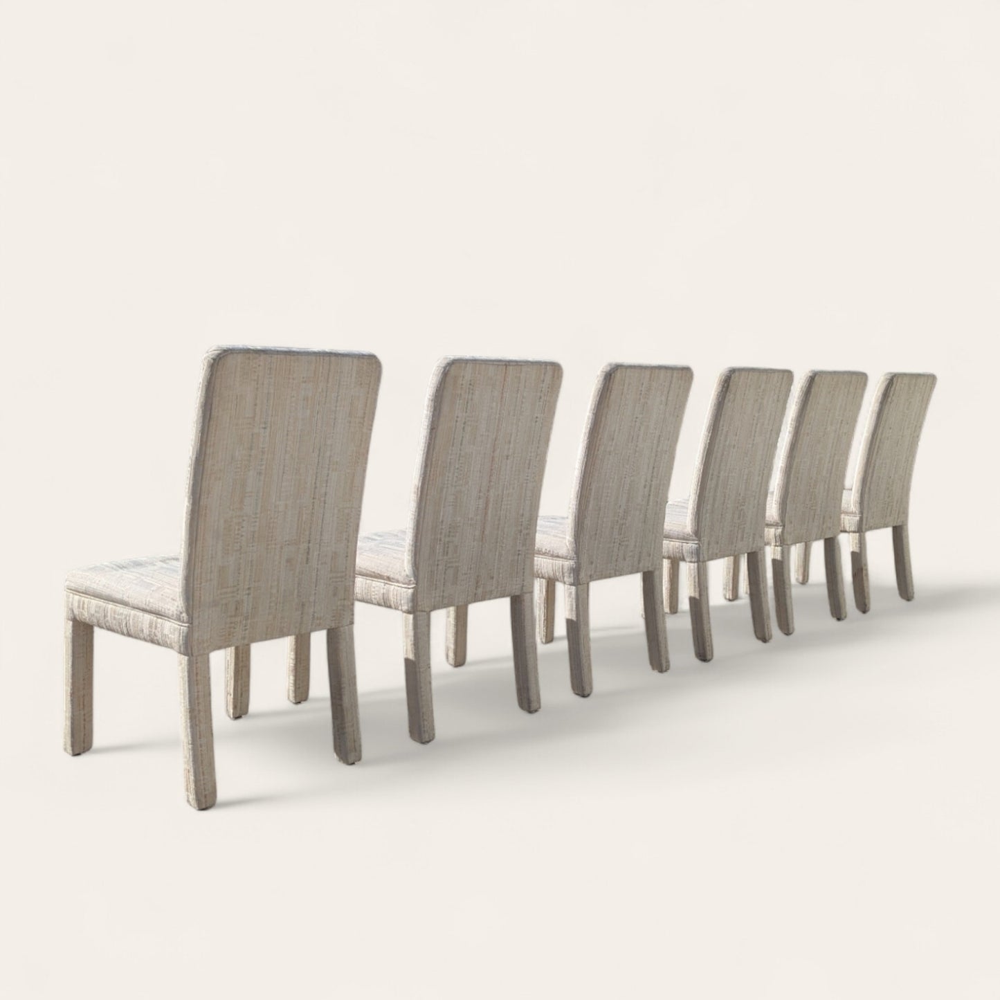 Set of 6 Postmodern 1980s Dining Chairs – Cream Textured Fabric w/ Subtle Color Flecks, Sculptural Silhouette