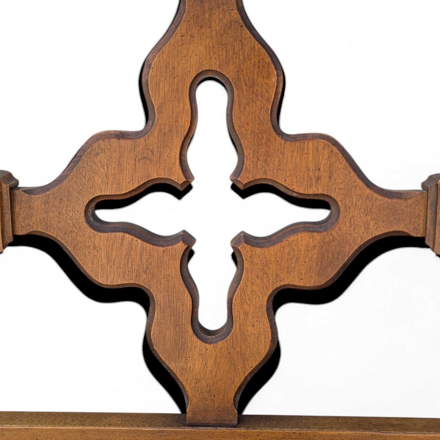 Mid Century Walnut Queen Headboard with Cutout Clover Motif, Vintage Solid Wood Bed