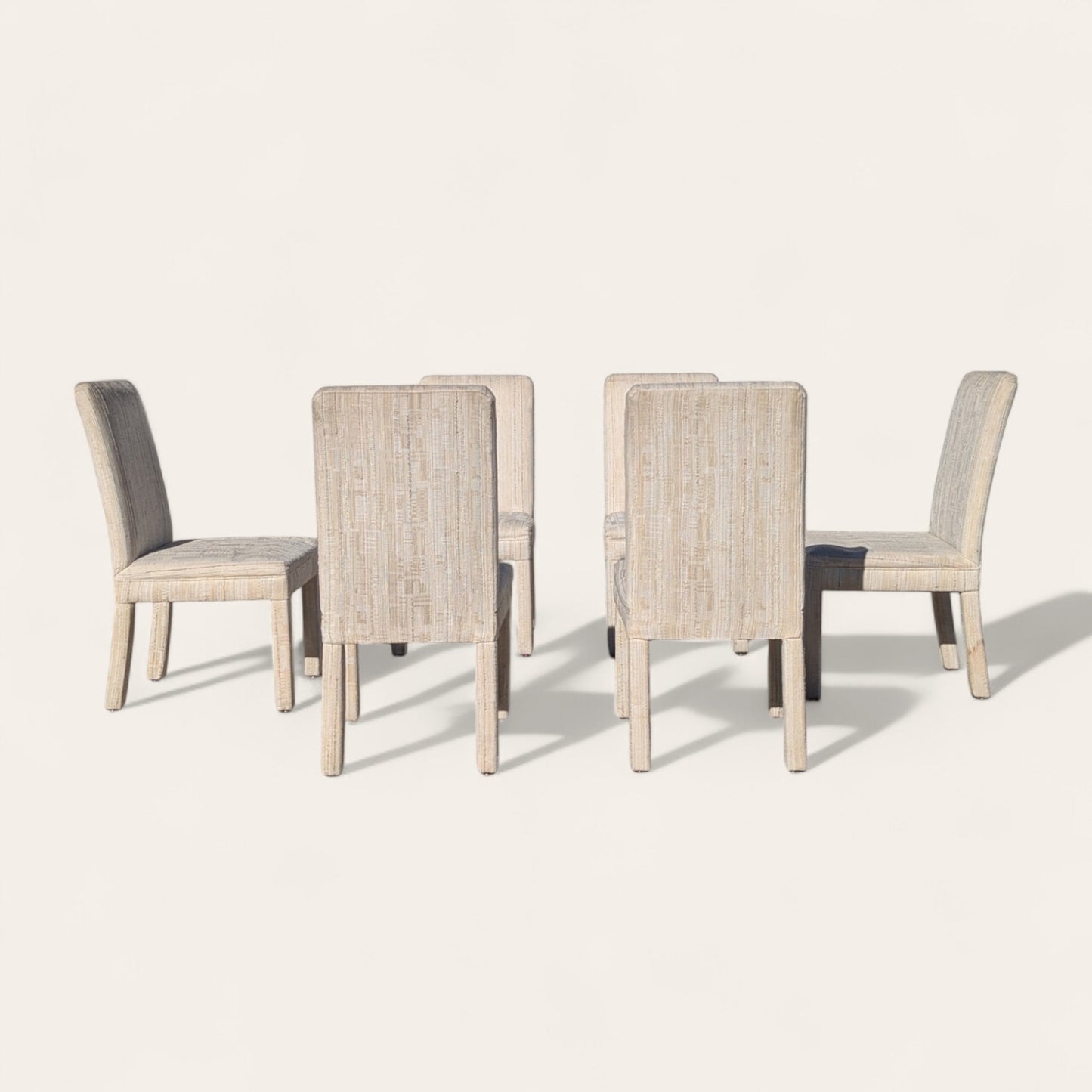 Set of 6 Postmodern 1980s Dining Chairs – Cream Textured Fabric w/ Subtle Color Flecks, Sculptural Silhouette