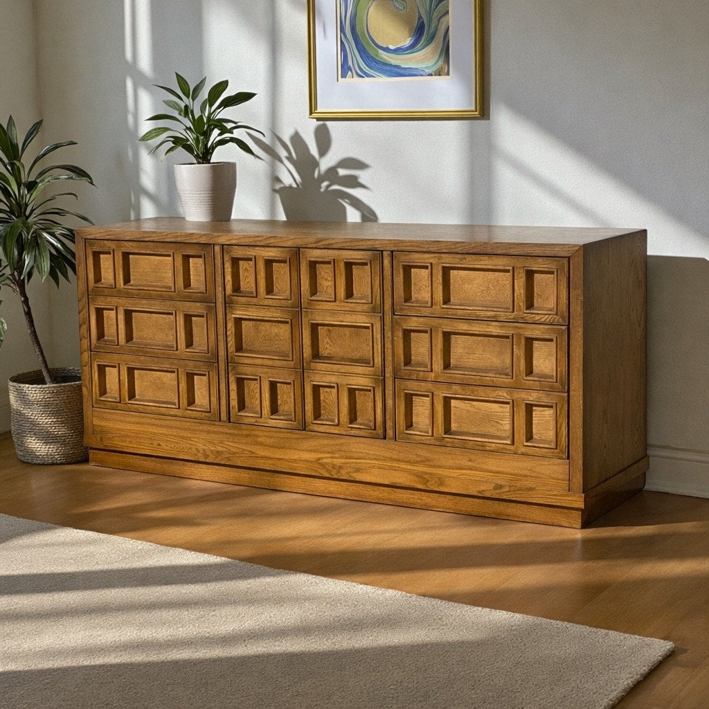 Oak Lowboy Dresser, Brutalist Mid-Century Modern