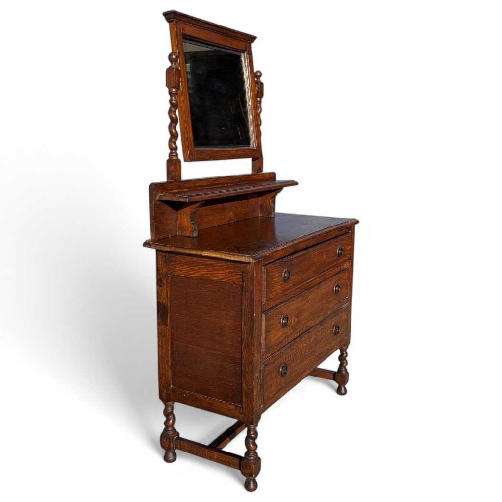 Antique Tiger Oak Dresser with Mirror – Barley Twist Detail, Vintage Vanity with Drawers, Early 1900s