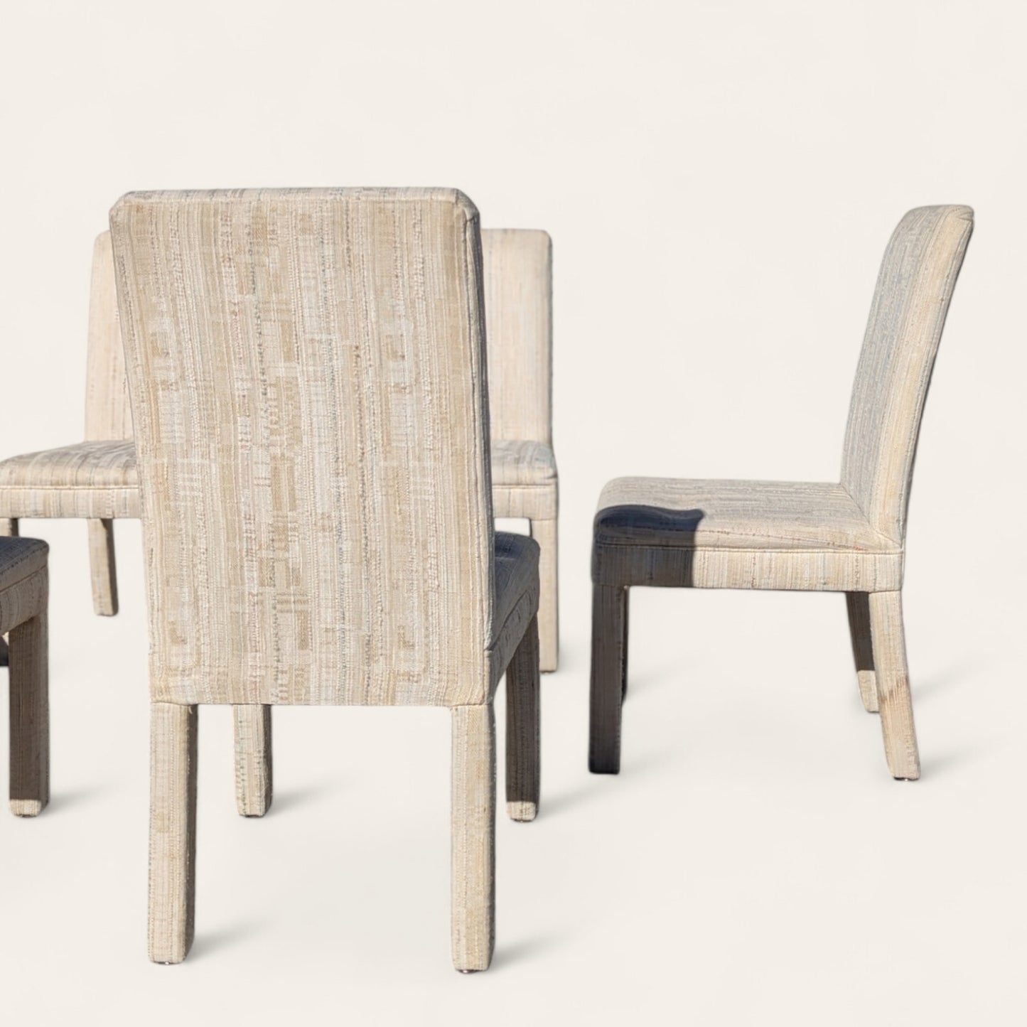 Set of 6 Postmodern 1980s Dining Chairs – Cream Textured Fabric w/ Subtle Color Flecks, Sculptural Silhouette