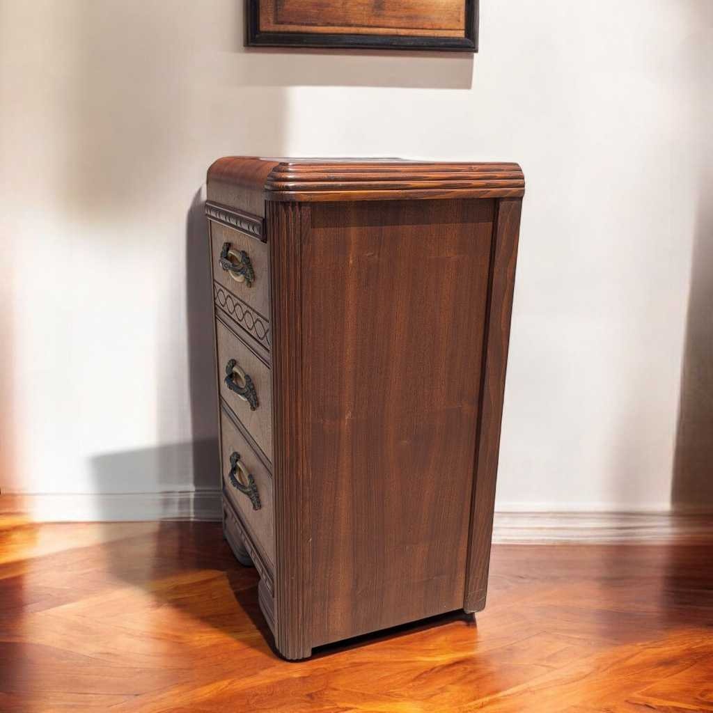 Art Deco Nightstand – 1930s Vintage Bedside Table, Waterfall Edge, 26" Tall, Excellent Condition