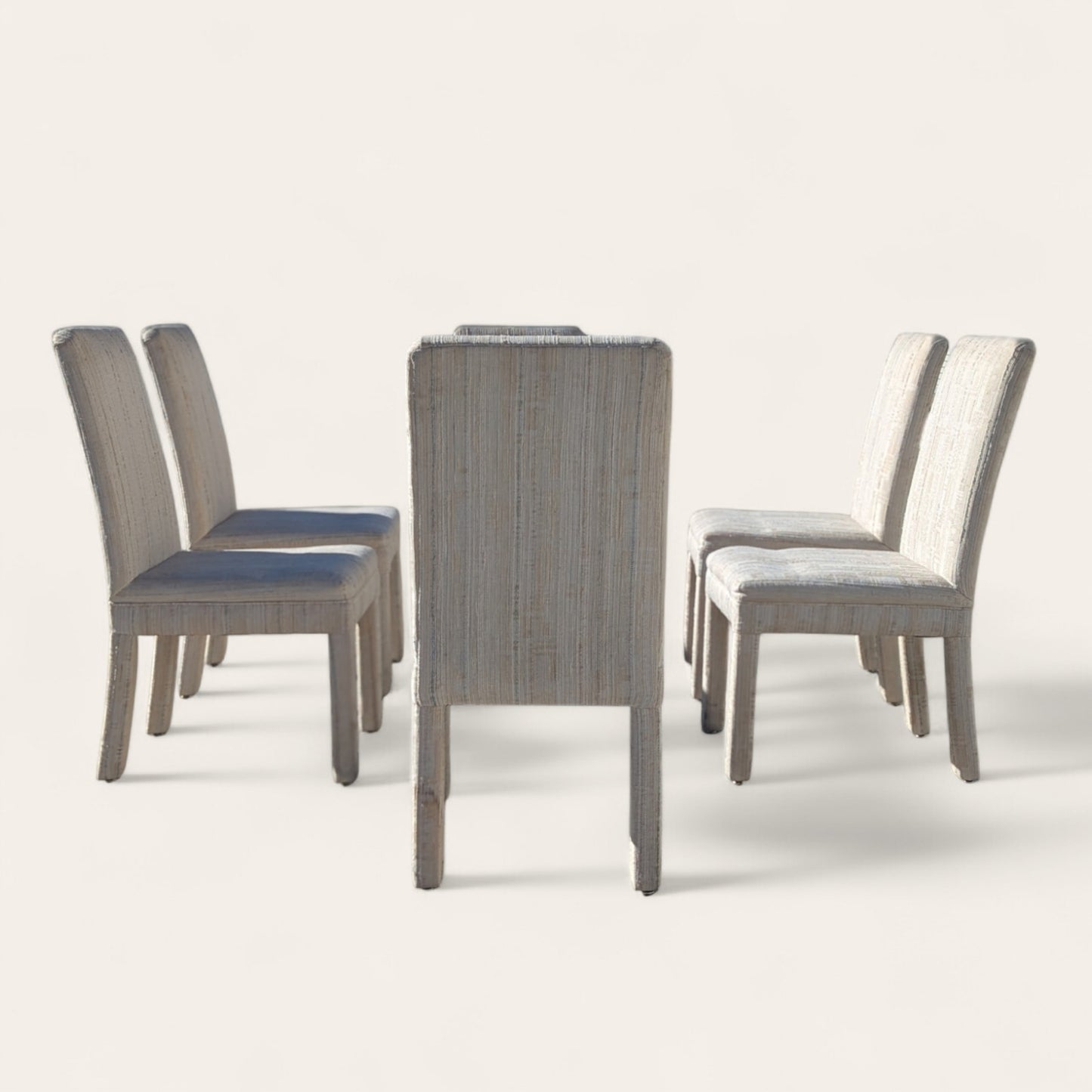 Set of 6 Postmodern 1980s Dining Chairs – Cream Textured Fabric w/ Subtle Color Flecks, Sculptural Silhouette