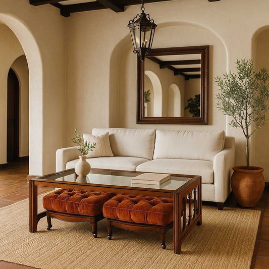 Mid Century Coffee Table with Pair of Tufted Orange Velvet Ottomans