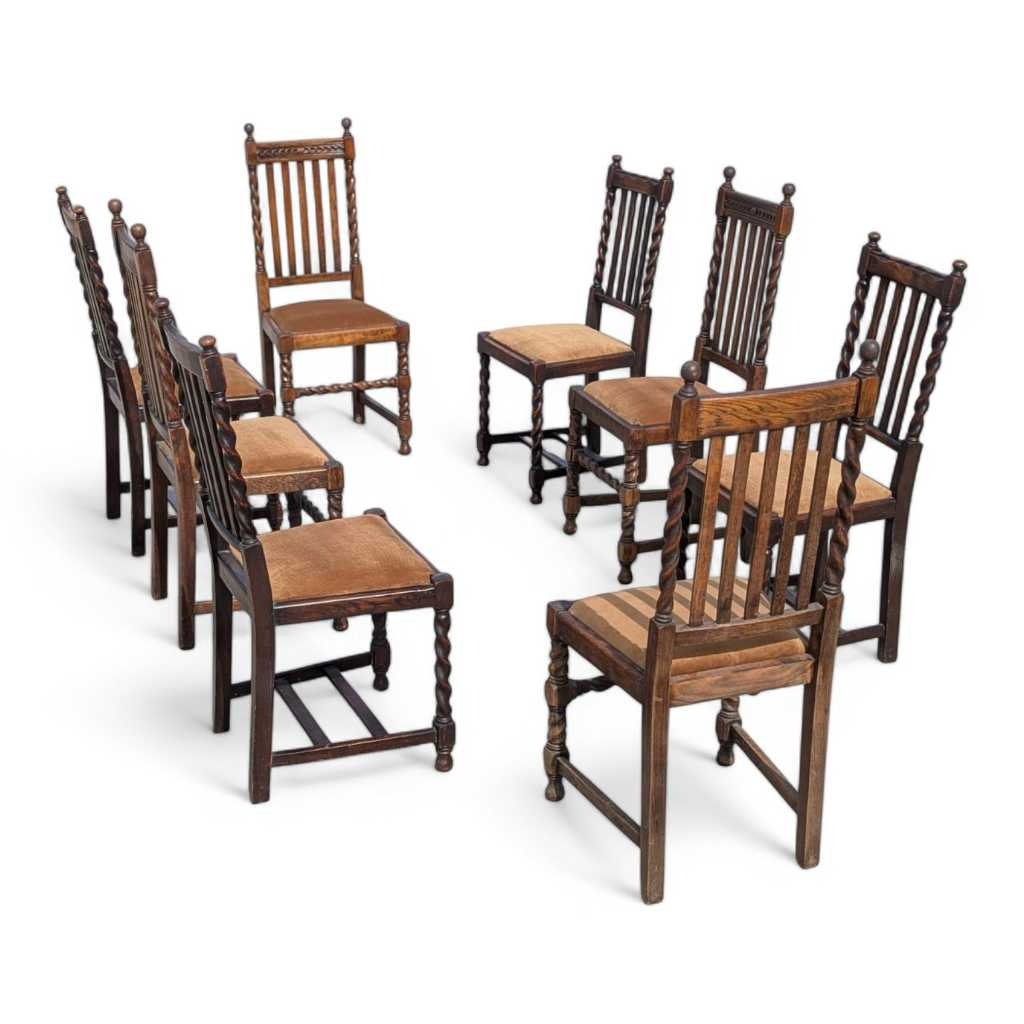 Eight Antique Dining Chairs – Vintage Wooden Chairs, Set of 8, Oak, Barley Twist, Rustic, Farmhouse, Traditional, Dining, Kitchen