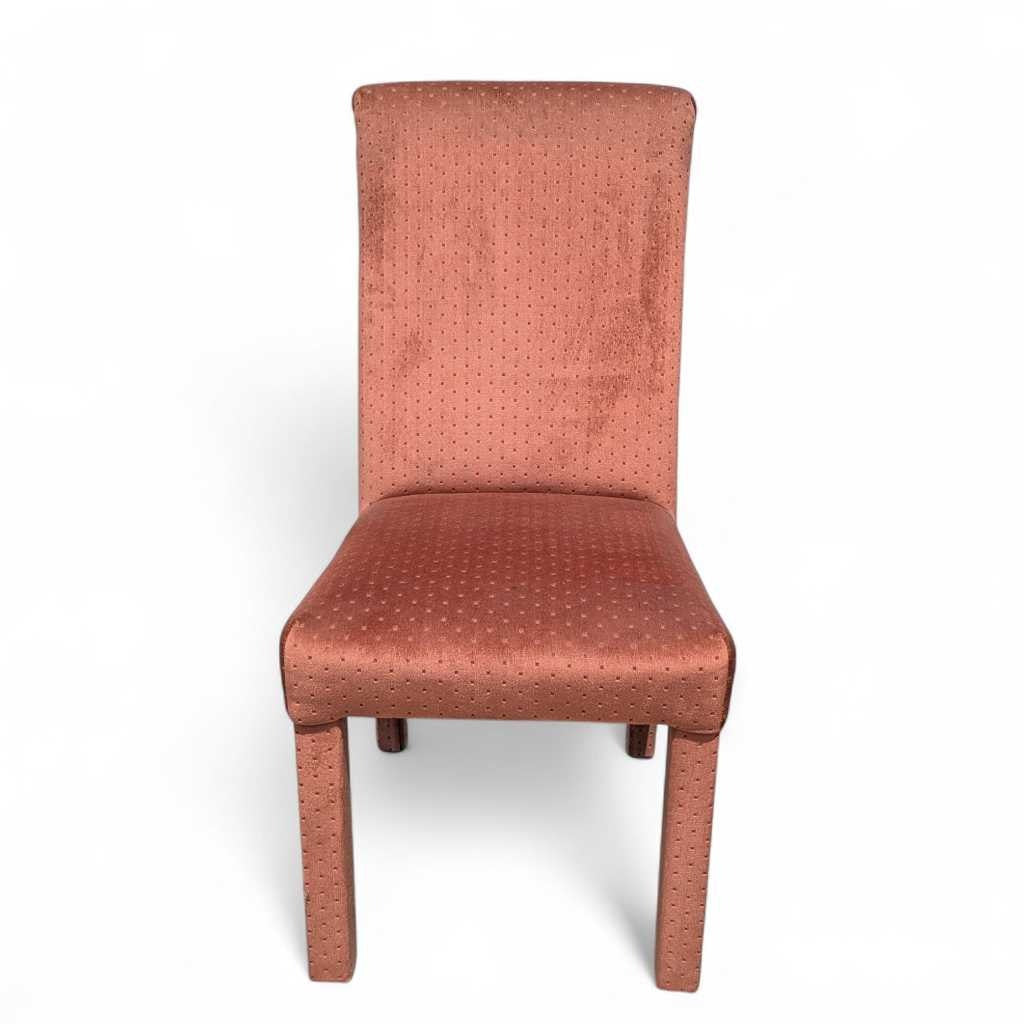 Set of 4 Postmodern Dining Chairs β 1980s Salmon Pink Velvet Upholstery, High Back Chairs, Vintage Modern Design, Sculptural Seating
