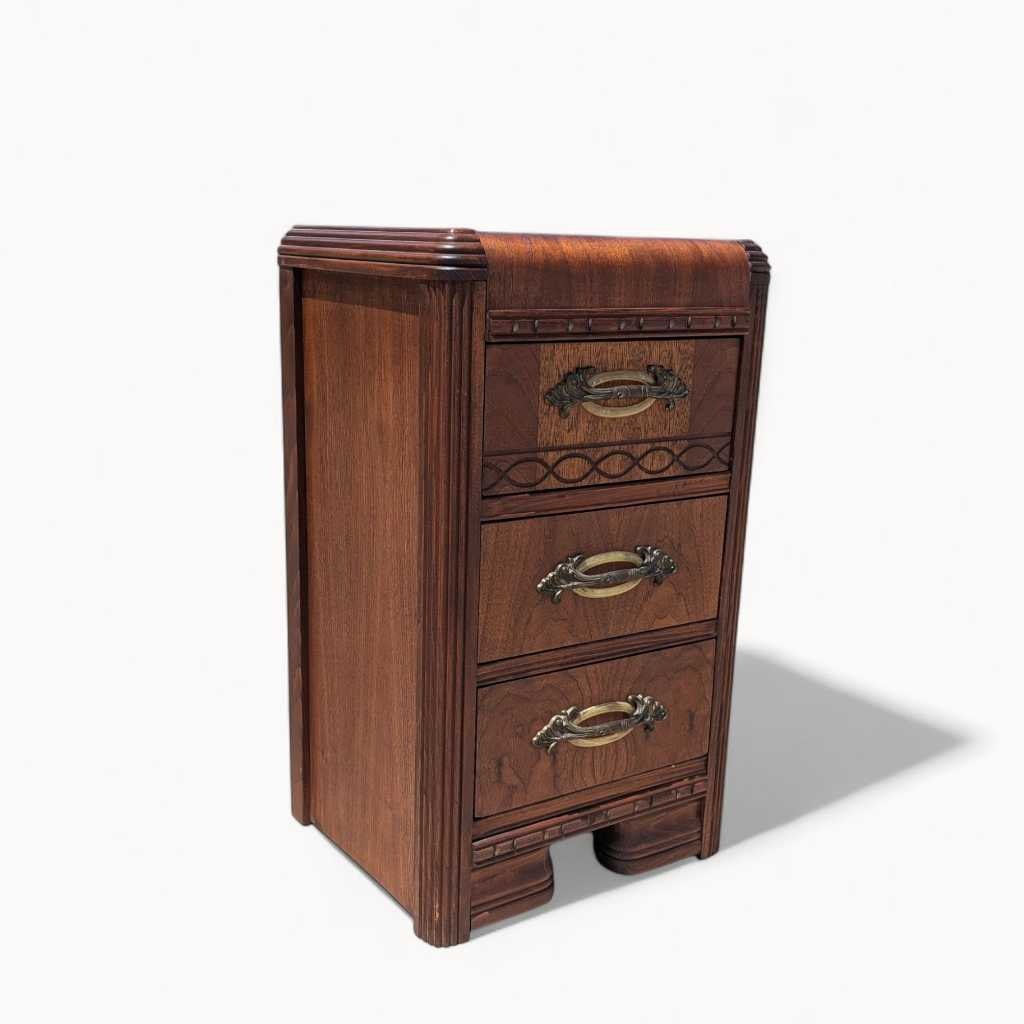 Art Deco Nightstand – 1930s Vintage Bedside Table, Waterfall Edge, 26" Tall, Excellent Condition
