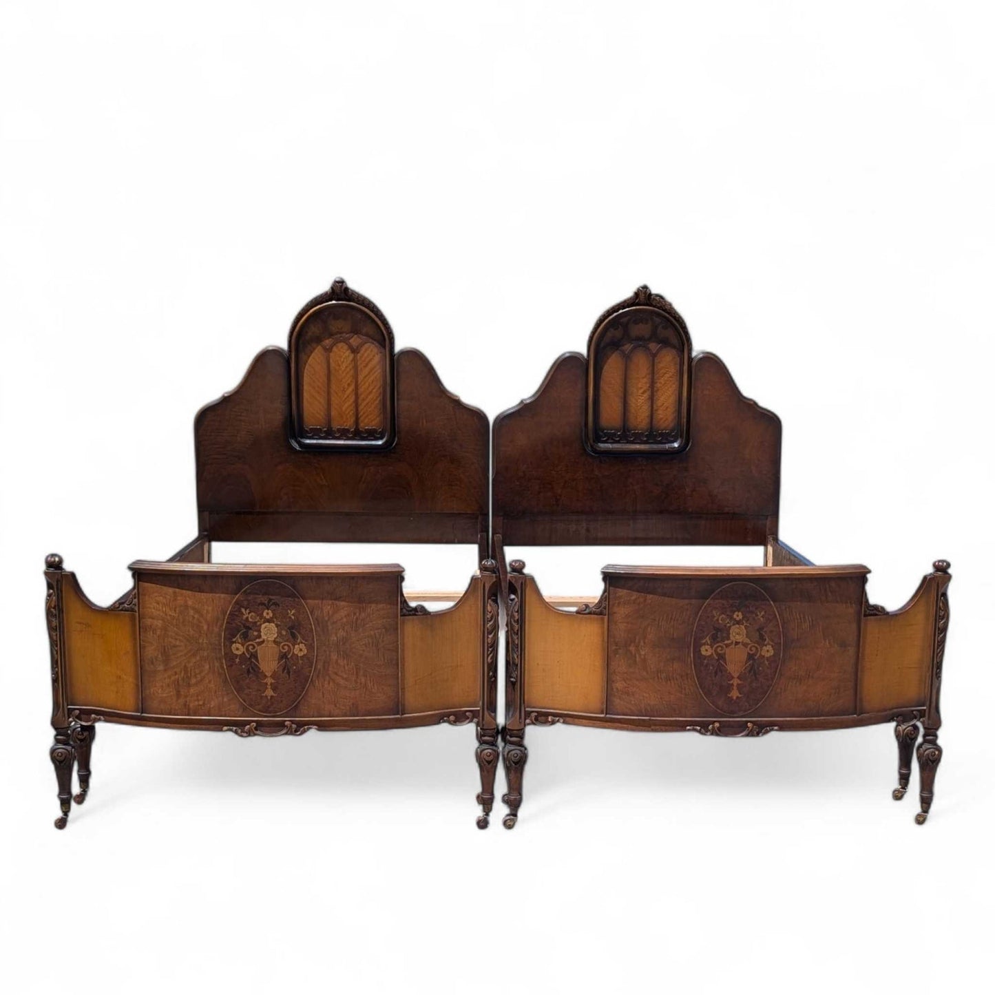 Antique Twin Bed Frame with Inlay | French Style Carved Wood Bed | Twin Size Vintage Bed | Ornate Floral Detail | 1920s Bedroom Decor