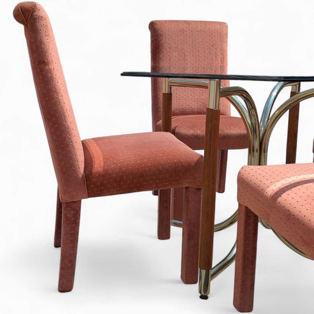 1980s Postmodern Dining Set β Octagonal Glass Table w/ Sculptural Base & 4 Pink Upholstered Chairs, Art Deco Revival Style