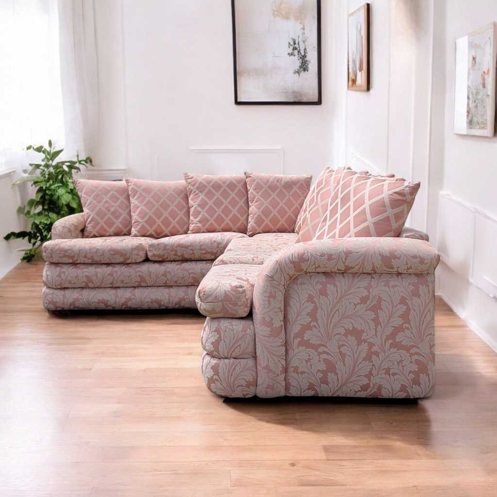 Postmodern Sectional Sofa – 80s Vintage Pink Sofa, Retro Floral Design, Curved Couch, Statement Living Room Furniture