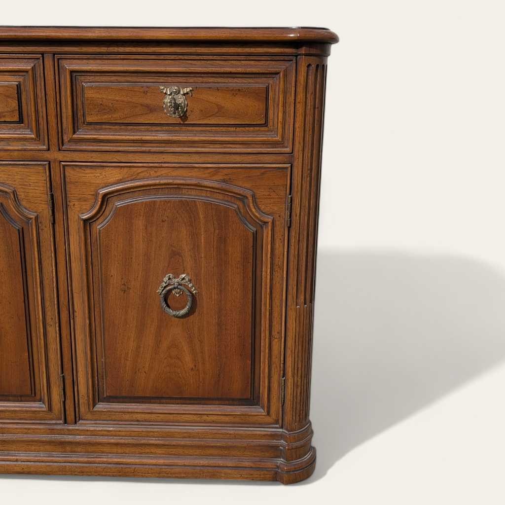 Henredon 1970s Credenza – Traditional Walnut Sideboard with Brass Pulls & Adjustable Shelving, 66” Vintage Cabinet
