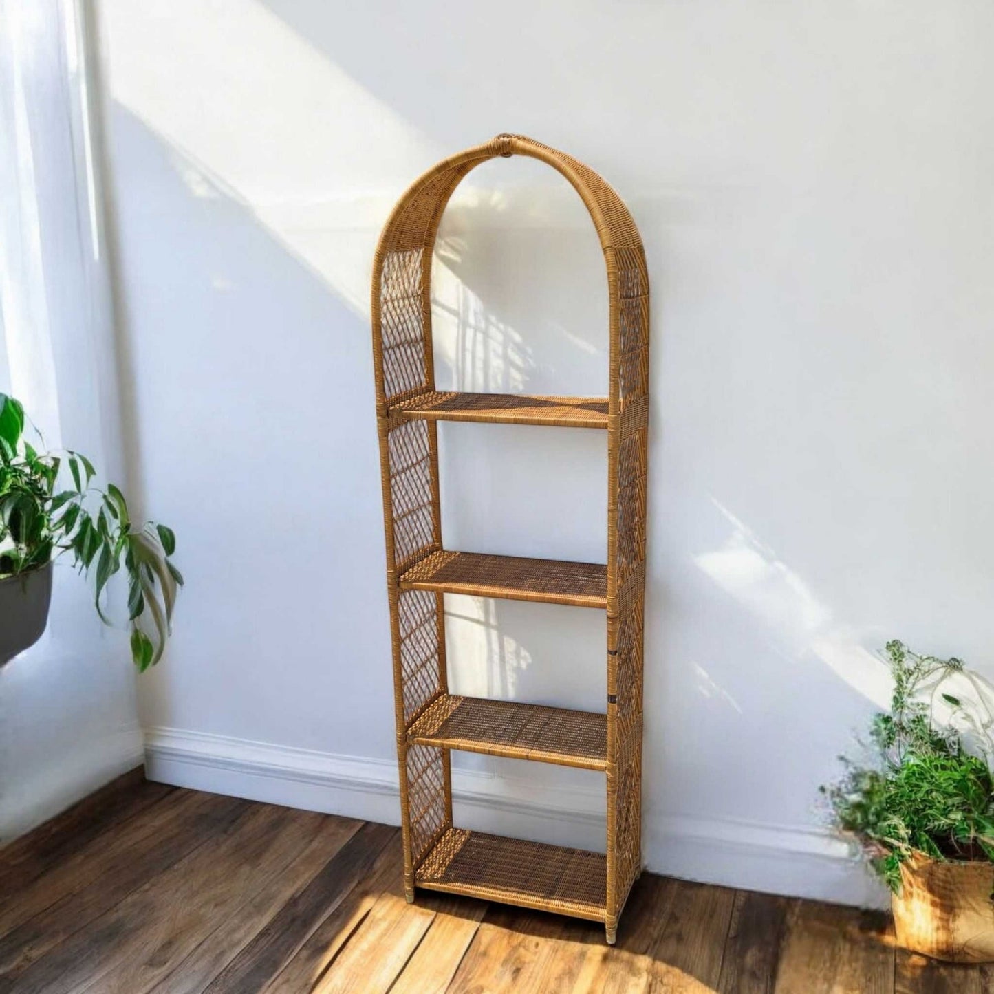Vintage Arched Rattan Shelf β Tall Boho Etagere