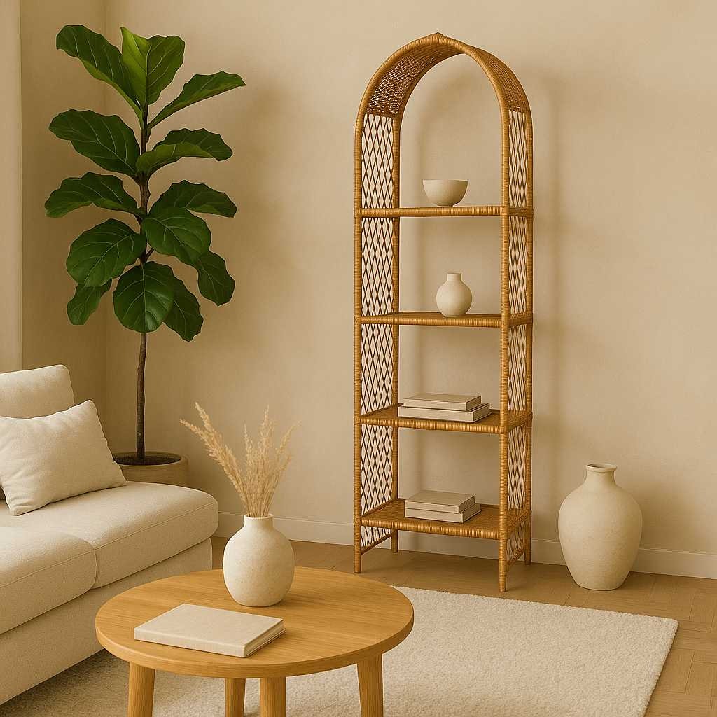 Vintage Arched Rattan Shelf β Tall Boho Etagere
