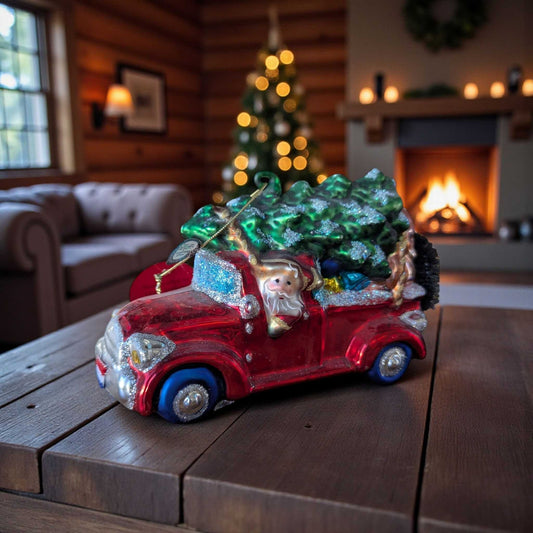 Vintage Glass Santa Truck Ornament with Christmas Tree, Hand-Painted Holiday Car Ornament, Made in China, Gift