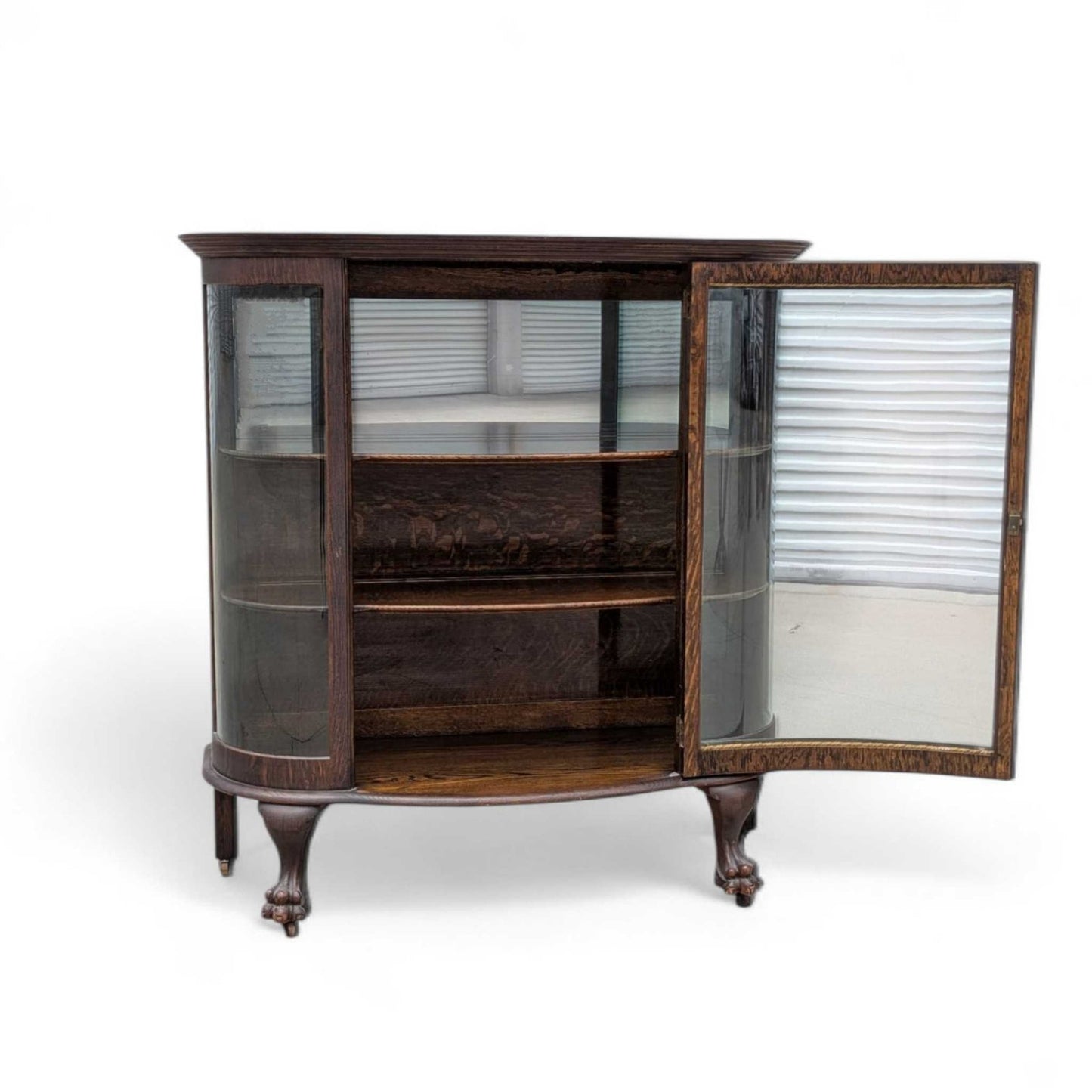Vintage Curved Glass China Cabinet β Bow Front Display Hutch w/ Claw Feet, 49" Wide, Early 20th Century Style