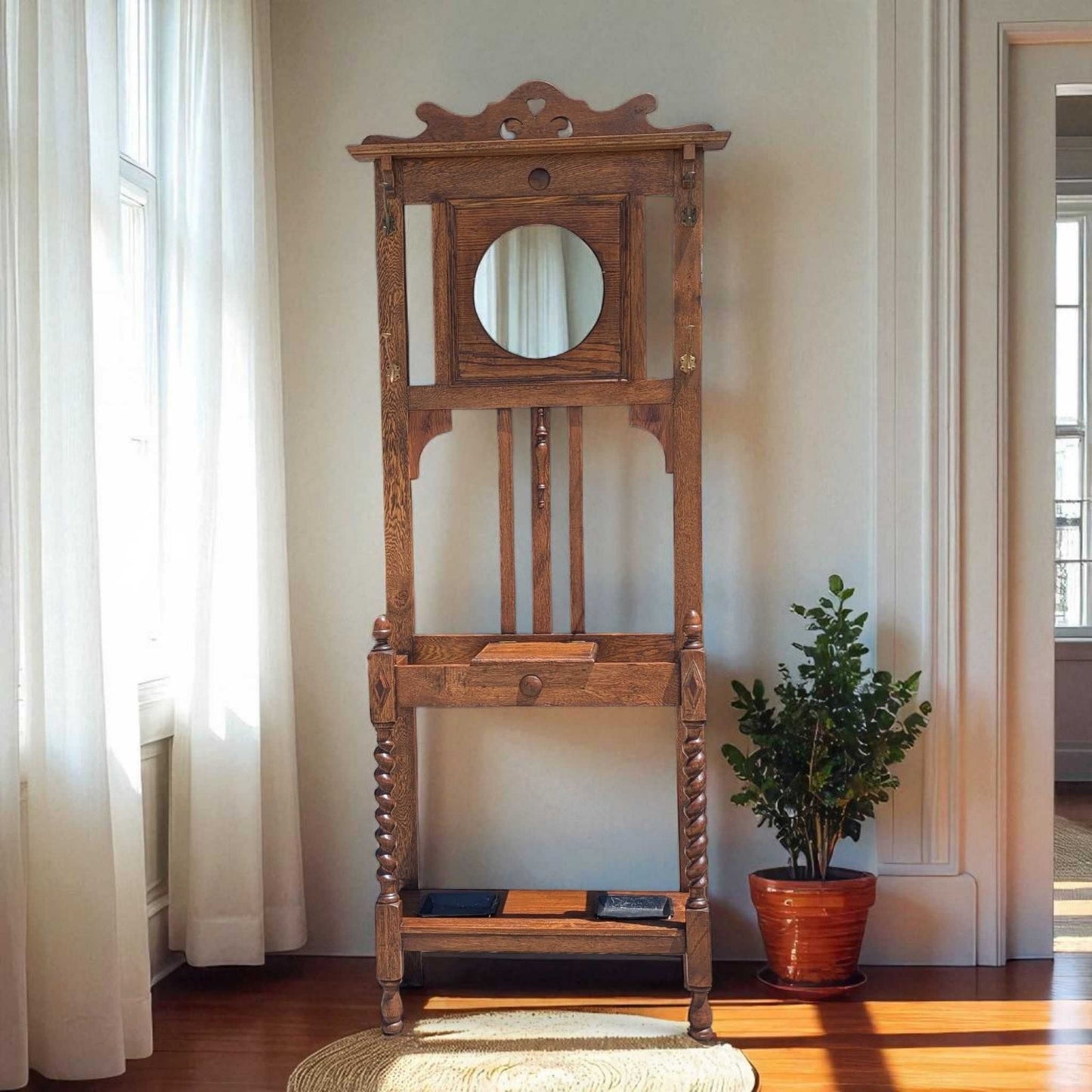 Antique Oak Hall Tree with Mirror, c. 1900s