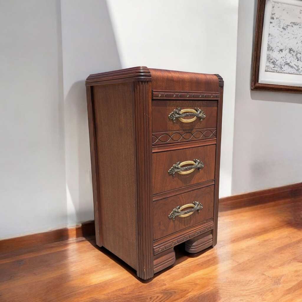 Art Deco Nightstand – 1930s Vintage Bedside Table, Waterfall Edge, 26" Tall, Excellent Condition